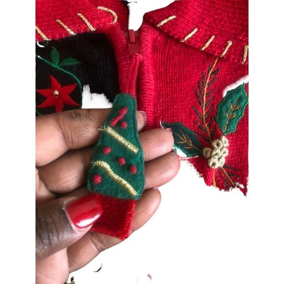 Vintage Shaver Lake Red Poinsettia knit patchwork cardigan sweater sz small - Picture 4 of 5